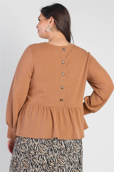 Plus Caramel Waffle Knit Back Button Detail Long Sleeve Top