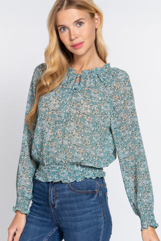 Long Slv Smocked Print Woven Top